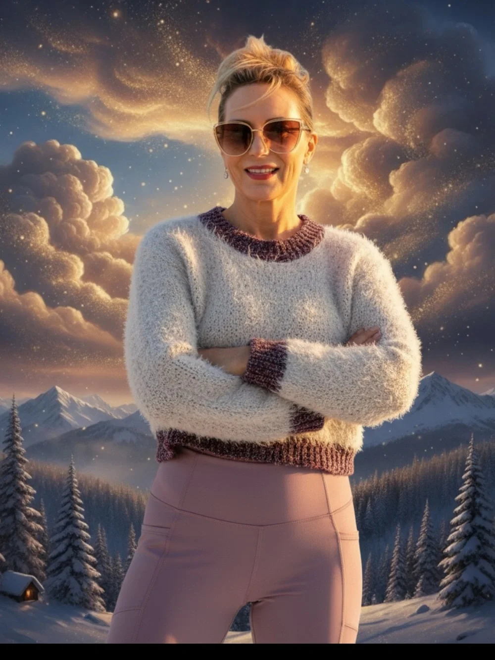 Avalanche Cream Fuzzy Sweater with Purple Trim & Matching Sweater and Sunglasses